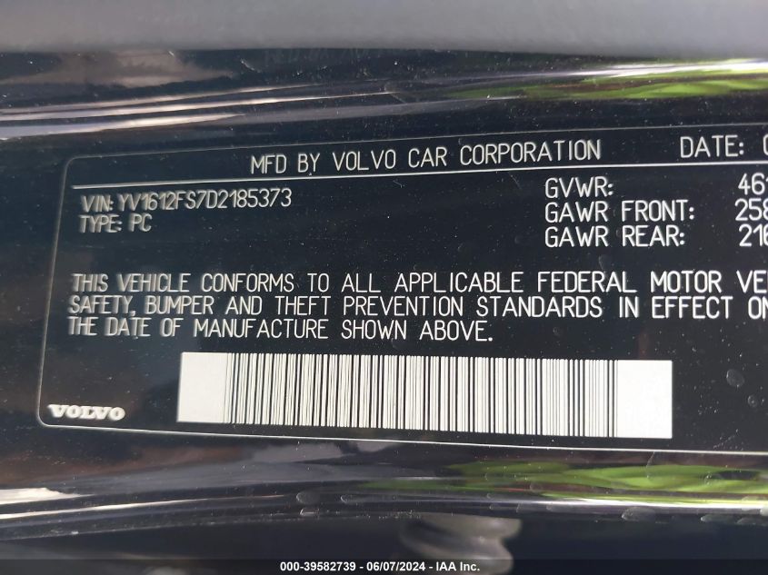 2013 Volvo S60 T5/T5 Platinum/T5 Premier/T5 Premier Plus VIN: YV1612FS7D2185373 Lot: 39582739