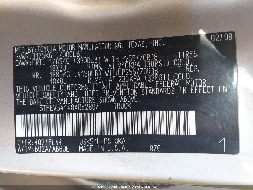 2008 Toyota Tundra Sr5 5.7L V8 VIN: 5TFEV54148X052807 Lot: 39582748