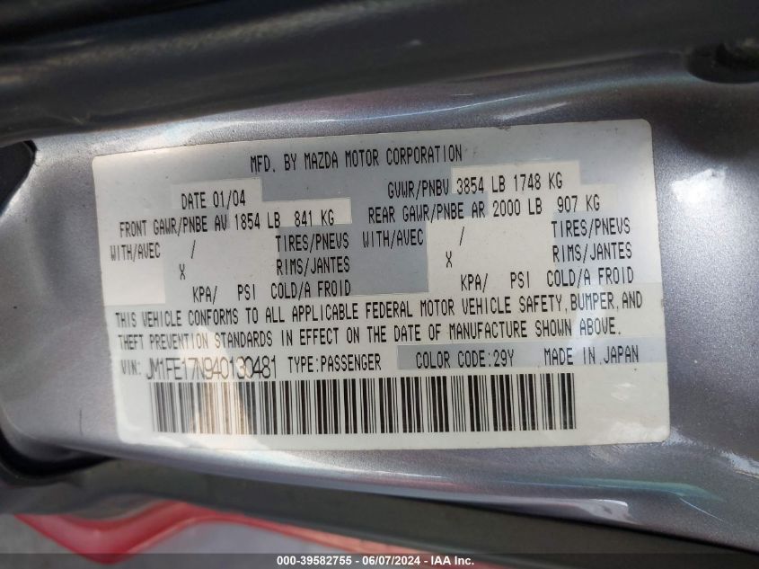 2004 Mazda Rx-8 Sport Automatic VIN: JM1FE17N940130481 Lot: 39582755