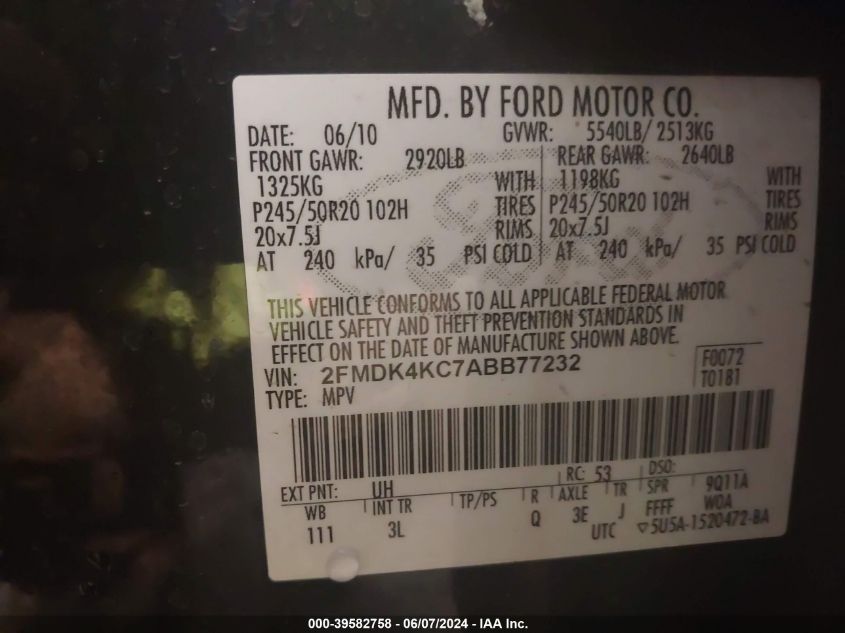 2010 Ford Edge Limited VIN: 2FMDK4KC7ABB77232 Lot: 39582758