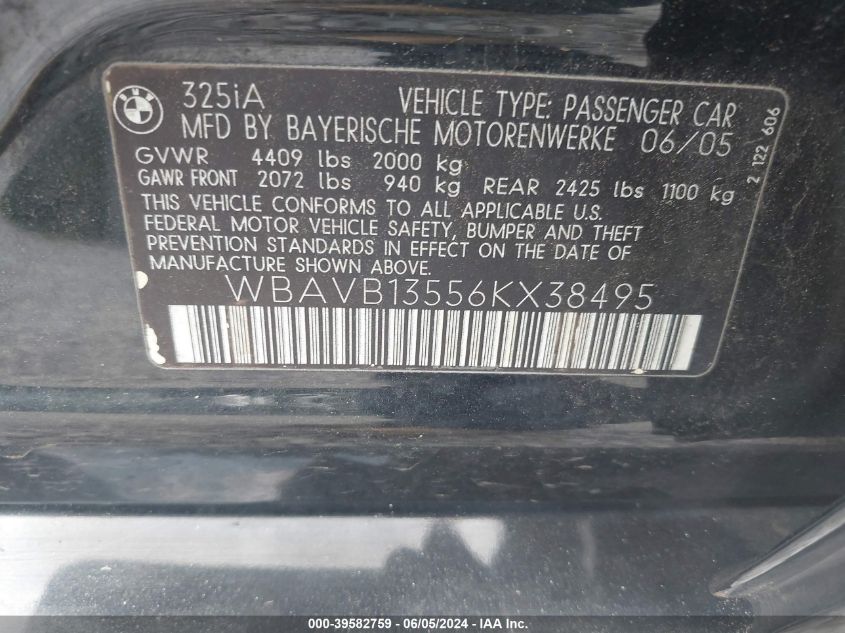 2006 BMW 325I VIN: WBAVB13556KX38495 Lot: 39582759