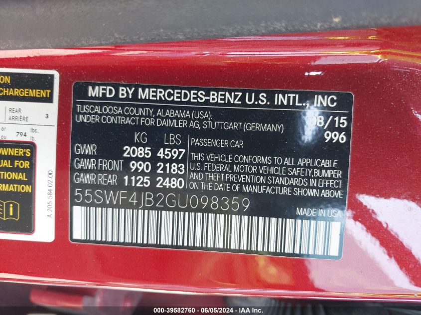 2016 Mercedes-Benz C 300 Luxury/Sport VIN: 55SWF4JB2GU098359 Lot: 39582760