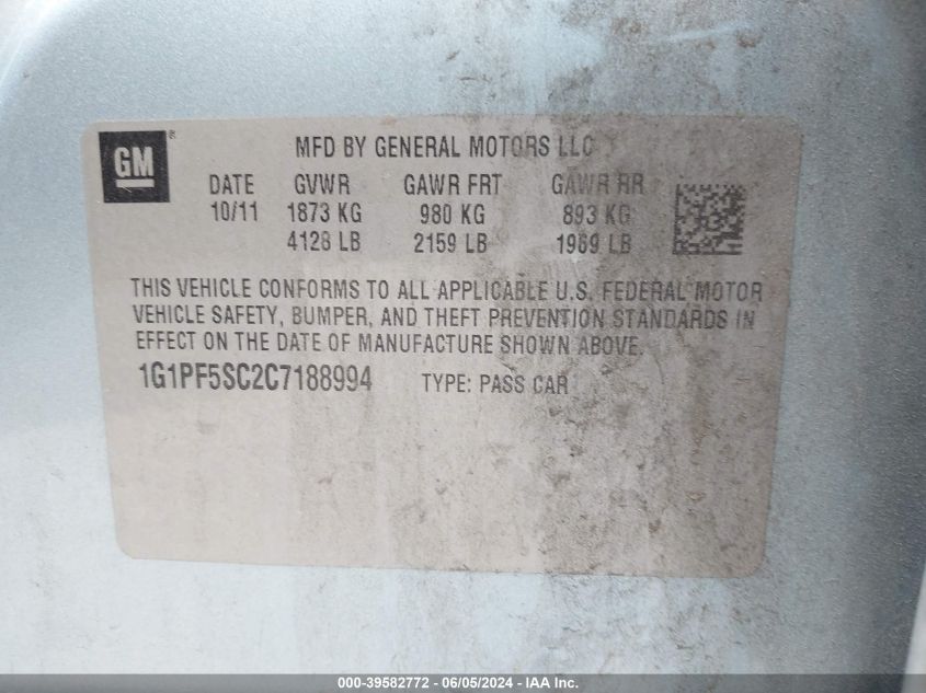 2012 Chevrolet Cruze 1Lt VIN: 1G1PF5SC2C7188994 Lot: 39582772