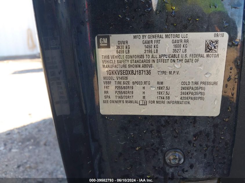 2011 GMC Acadia Slt-2 VIN: 1GKKVSEDXBJ187136 Lot: 39582793