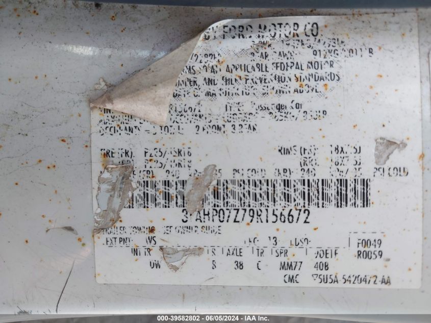 2009 Ford Fusion Se VIN: 3FAHP07Z79R156672 Lot: 39582802