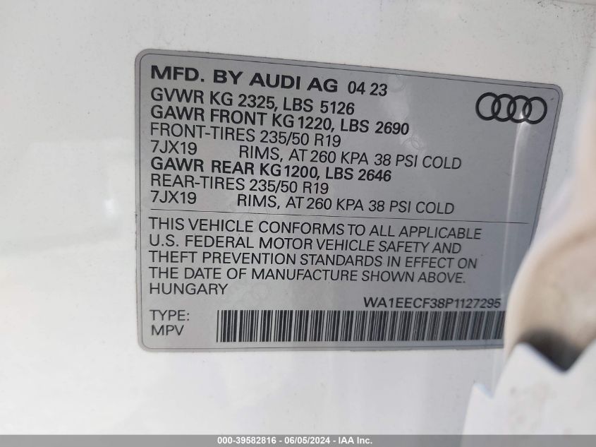 2023 Audi Q3 Premium Plus 45 Tfsi S Line Quattro Tiptronic VIN: WA1EECF38P1127295 Lot: 39582816