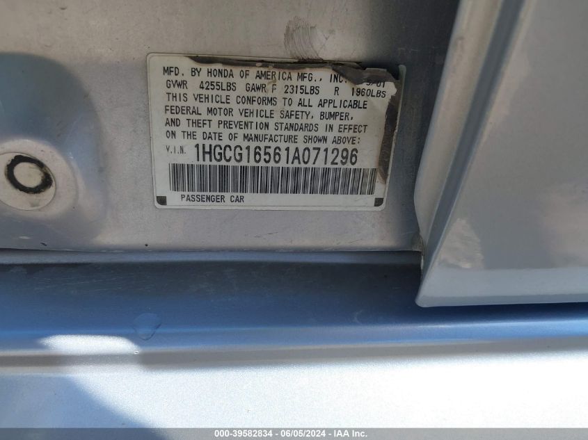 2001 Honda Accord 3.0 Ex VIN: 1HGCG16561A071296 Lot: 39582834