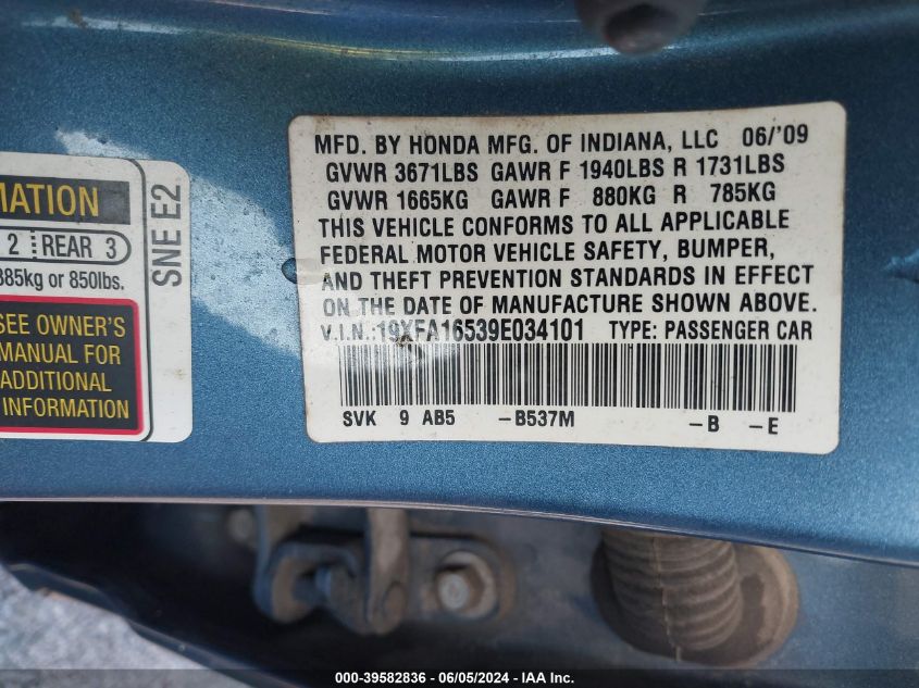 2009 Honda Civic Lx VIN: 19XFA16539E034101 Lot: 39582836