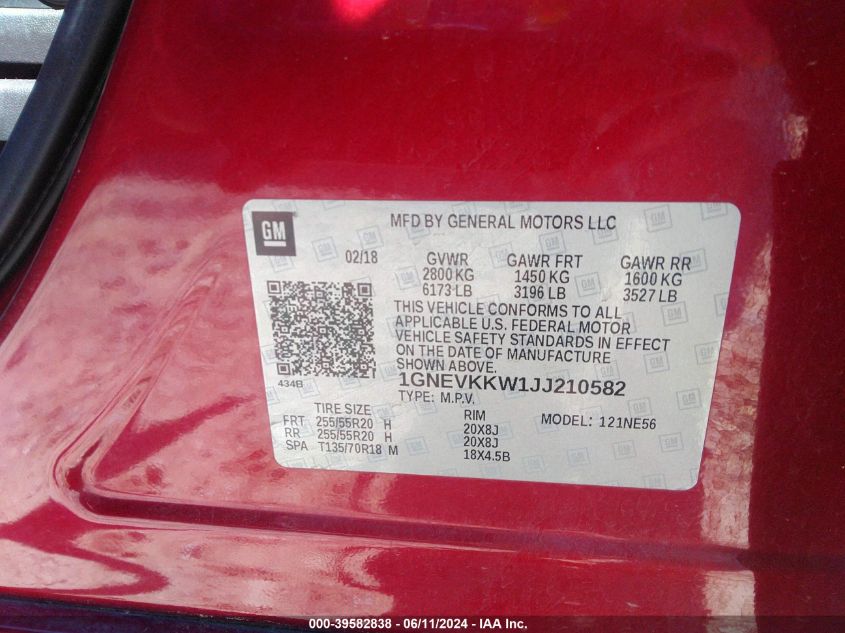 2018 Chevrolet Traverse High Country VIN: 1GNEVKKW1JJ210582 Lot: 39582838