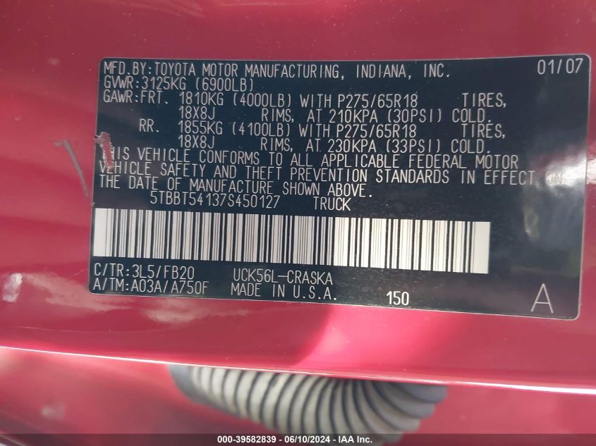 2007 Toyota Tundra Sr5 4.7L V8 VIN: 5TBBT54137S450127 Lot: 39582839