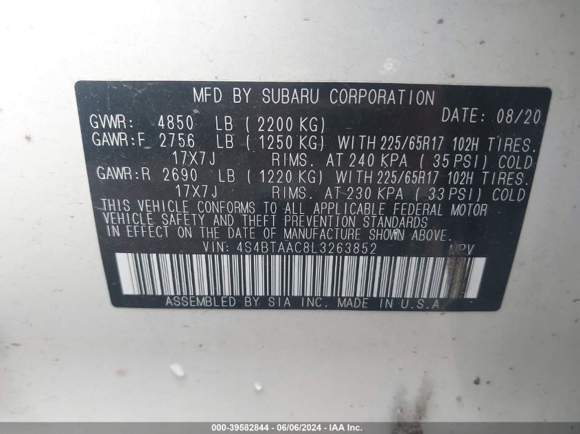 2020 Subaru Outback VIN: 4S4BTAAC8L3263852 Lot: 39582844