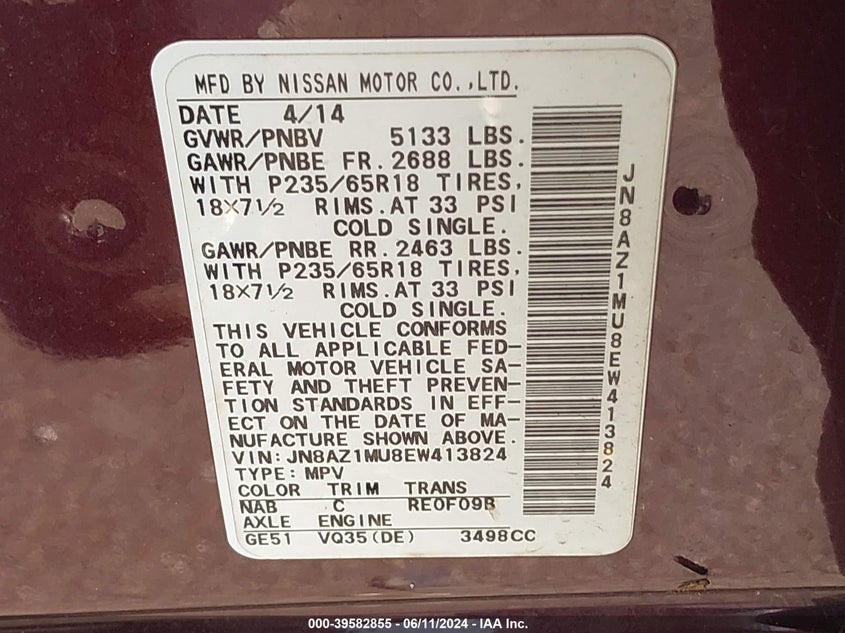 2014 Nissan Murano Sl VIN: JN8AZ1MU8EW413824 Lot: 39582855