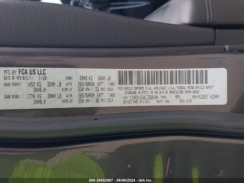 2020 Dodge Durango Gt Plus Rwd VIN: 1C4RDHDG0LC269104 Lot: 39582867