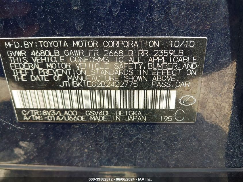 2011 Lexus Es 350 VIN: JTHBK1EG2B2422775 Lot: 39582872