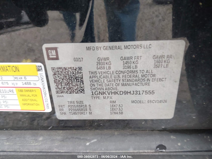 2017 Chevrolet Traverse 2Lt VIN: 1GNKVHKD9HJ317555 Lot: 39582873
