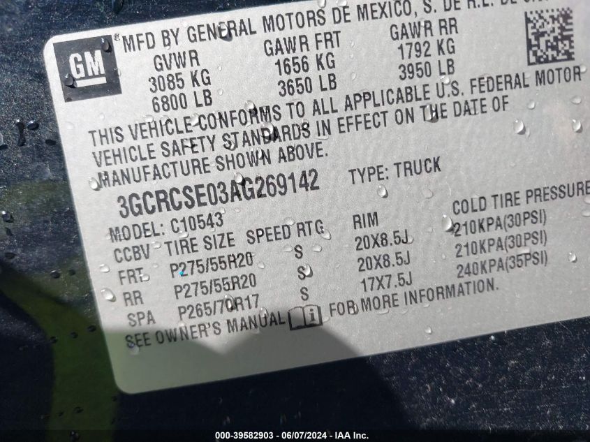 2010 Chevrolet Silverado 1500 Lt VIN: 3GCRCSE03AG269142 Lot: 39582903