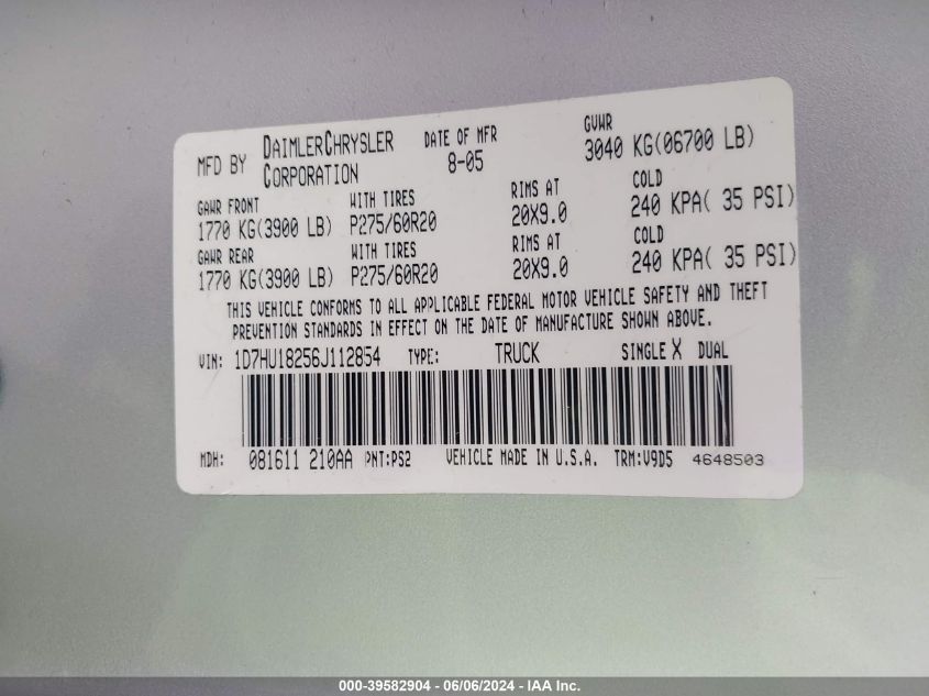 2006 Dodge Ram 1500 Slt/Trx4 Off Road/Sport VIN: 1D7HU18256J112854 Lot: 39582904
