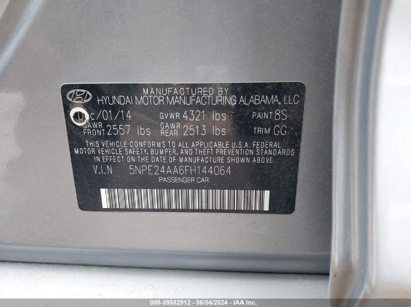 2015 Hyundai Sonata Eco VIN: 5NPE24AA6FH144064 Lot: 39582912