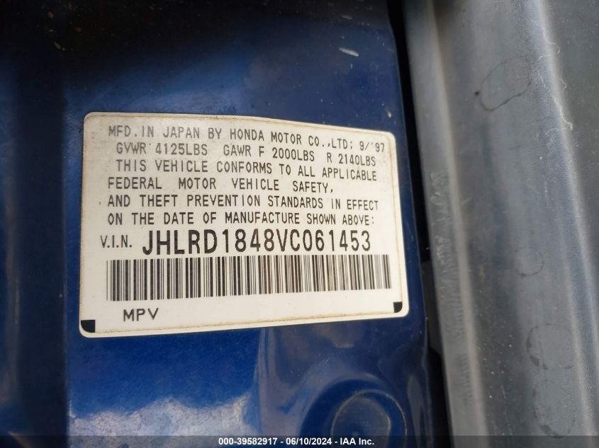 1997 Honda Cr-V Lx VIN: 0JHLRD1848VC06145 Lot: 39582917