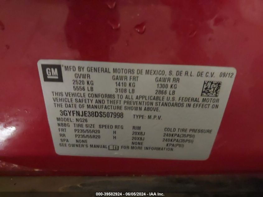 2013 Cadillac Srx Premium Collection VIN: 3GYFNJE38DS507998 Lot: 39582924