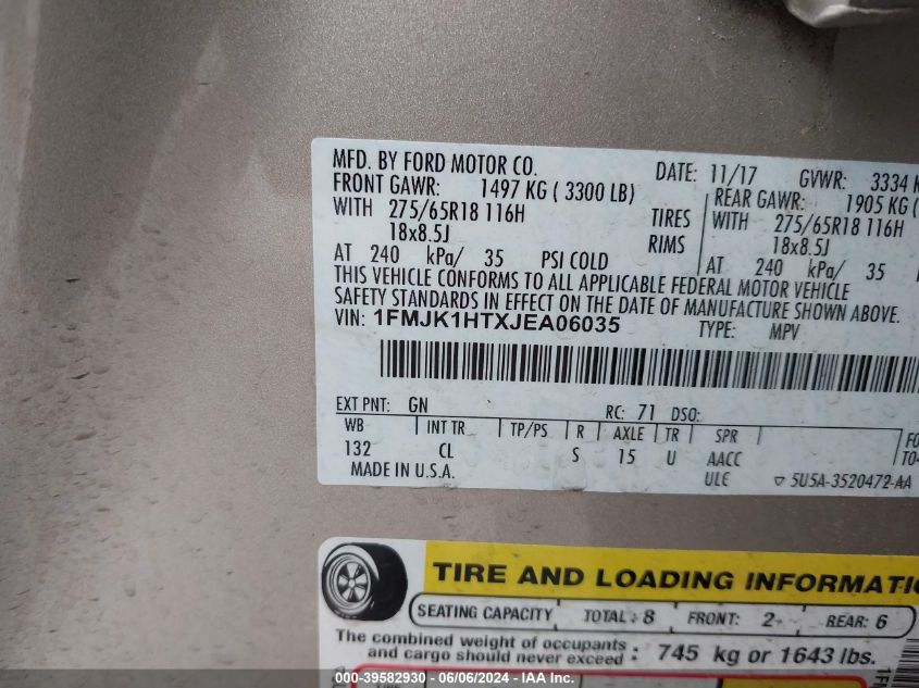 2018 Ford Expedition Max Xlt VIN: 1FMJK1HTXJEA06035 Lot: 39582930