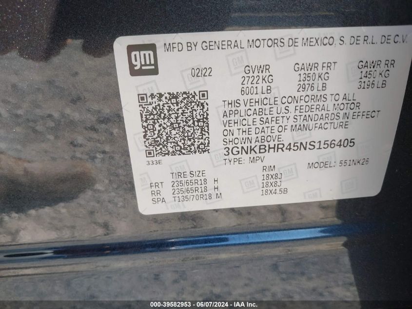 2022 Chevrolet Blazer Awd 2Lt VIN: 3GNKBHR45NS156405 Lot: 39582953