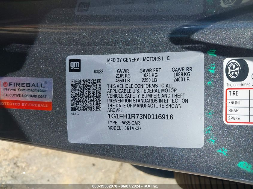 2022 Chevrolet Camaro Rwd 2Ss VIN: 1G1FH1R73N0116916 Lot: 39582970