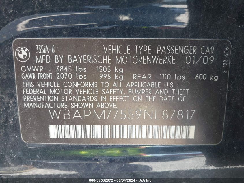 2009 BMW 335I VIN: WBAPM77559NL87817 Lot: 39582972