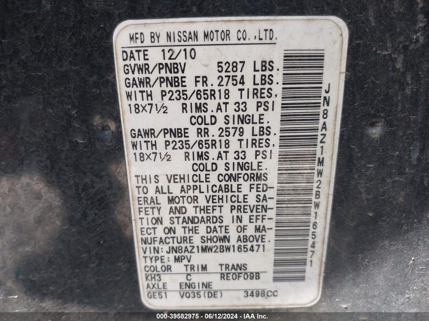 2011 Nissan Murano Sv VIN: JN8AZ1MW2BW165471 Lot: 39582975