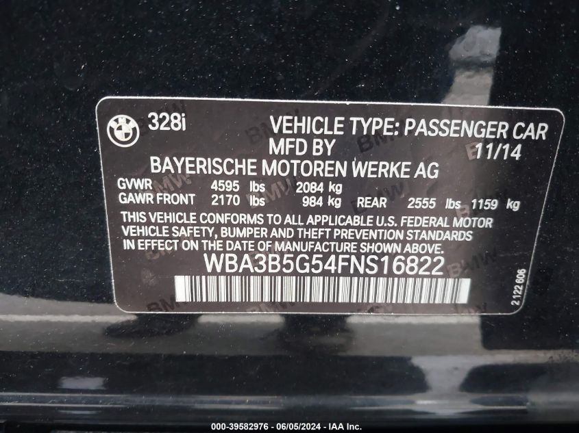 2015 BMW 328I xDrive VIN: WBA3B5G54FNS16822 Lot: 39582976