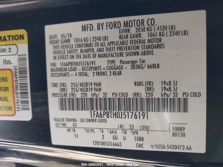 2018 Ford Mustang Ecoboost VIN: 1FA6P8TH0J5176191 Lot: 39583001