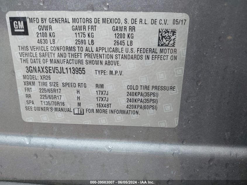 2018 Chevrolet Equinox Lt VIN: 3GNAXSEV5JL113955 Lot: 39583007