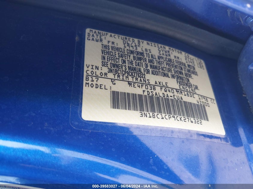 2012 Nissan Versa 1.8 S VIN: 3N1BC1CP9CK276322 Lot: 39583027