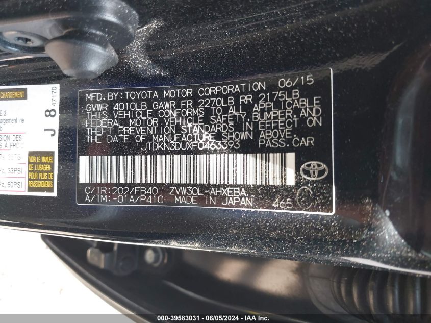 2015 Toyota Prius Two VIN: JTDKN3DUXF0463393 Lot: 39583031