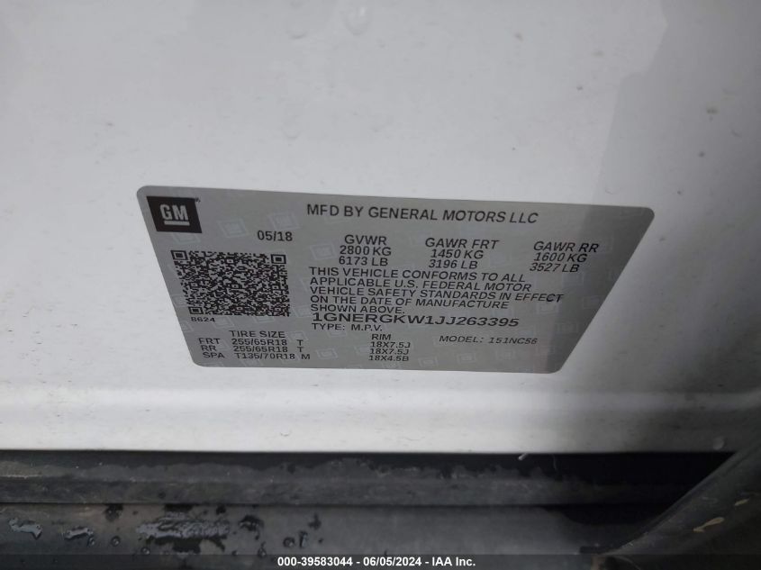 2018 Chevrolet Traverse 1Lt VIN: 1GNERGKW1JJ263395 Lot: 39583044