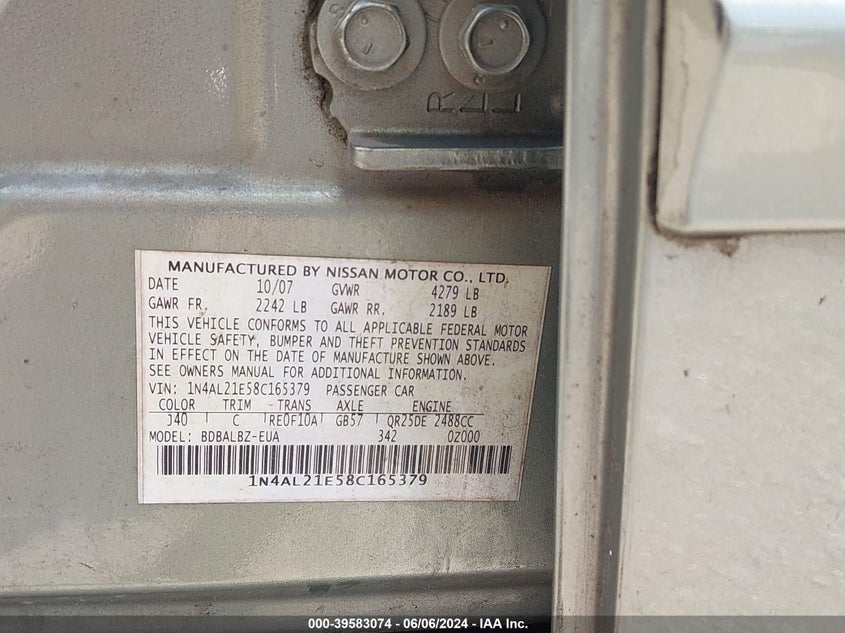 2008 Nissan Altima 2.5 S VIN: 1N4AL21E58C165379 Lot: 39583074