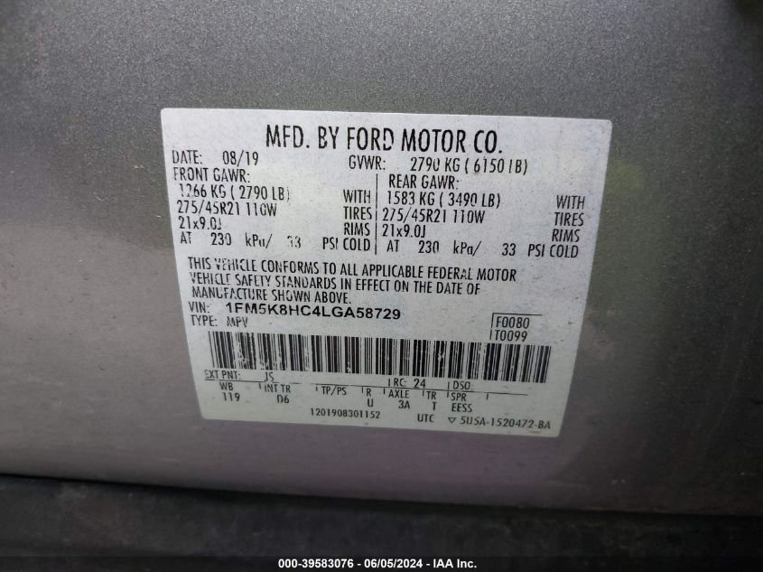 2020 Ford Explorer Platinum VIN: 1FM5K8HC4LGA58729 Lot: 39583076