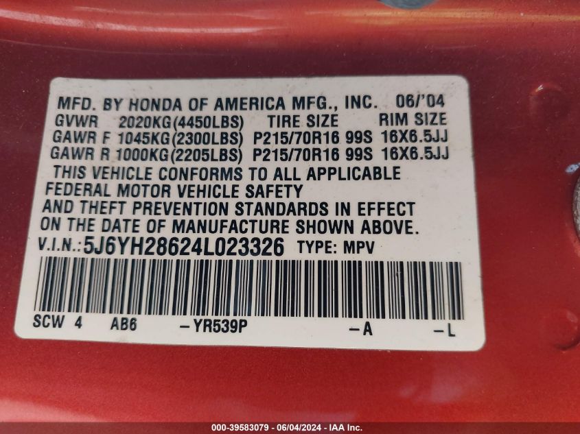 2004 Honda Element Ex VIN: 5J6YH28624L023326 Lot: 39583079