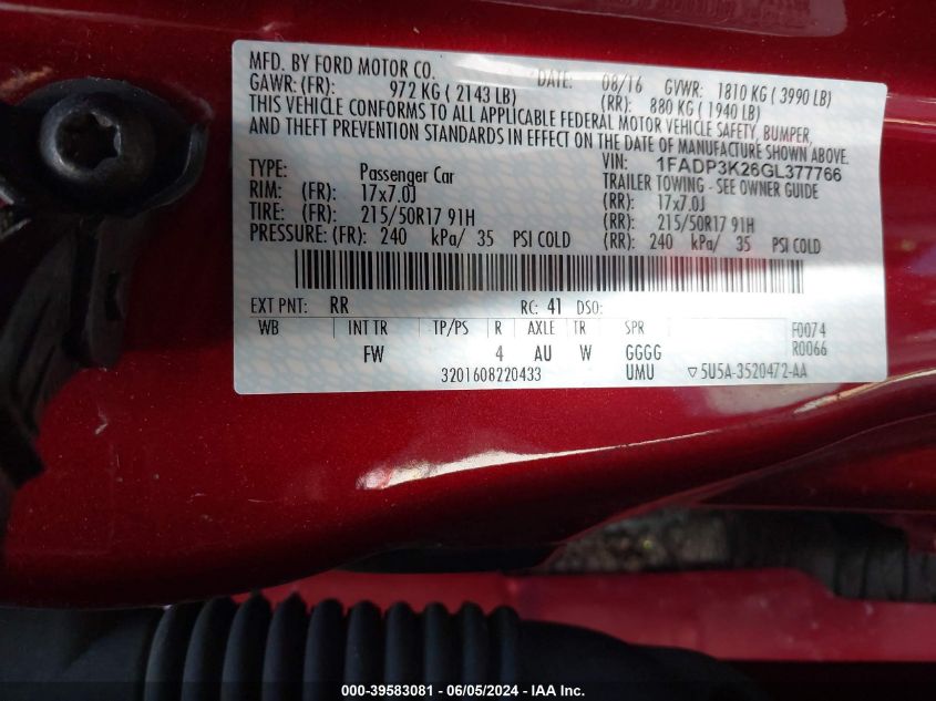2016 Ford Focus Se VIN: 1FADP3K26GL377766 Lot: 39583081