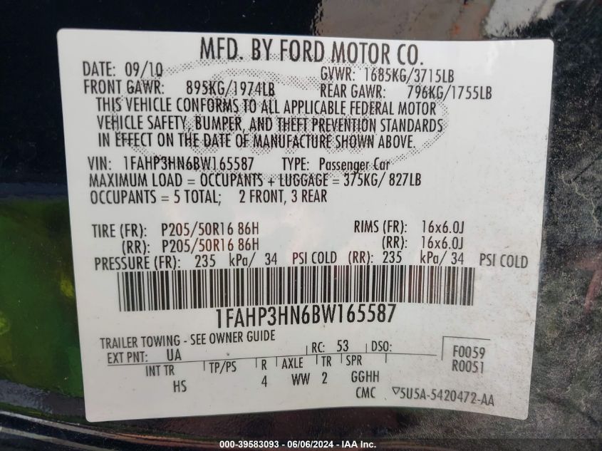 2011 Ford Focus Sel VIN: 1FAHP3HN6BW165587 Lot: 39583093