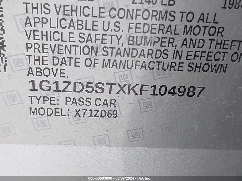 2019 Chevrolet Malibu Lt VIN: 1G1ZD5STXKF104987 Lot: 39583096