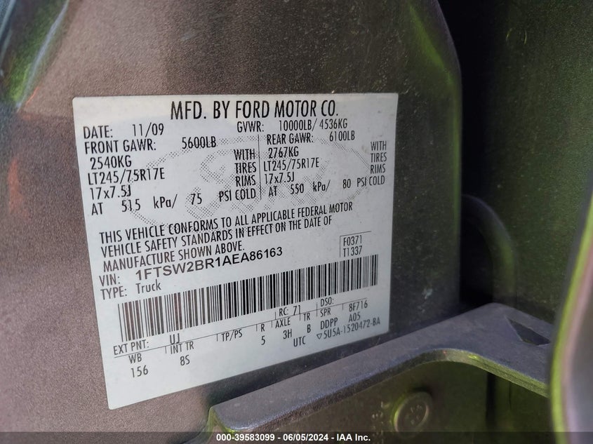2010 Ford F-250 Cabela's/Harley-Davidson/King Ranch/Lariat/Xl/Xlt VIN: 1FTSW2BR1AEA86163 Lot: 39583099