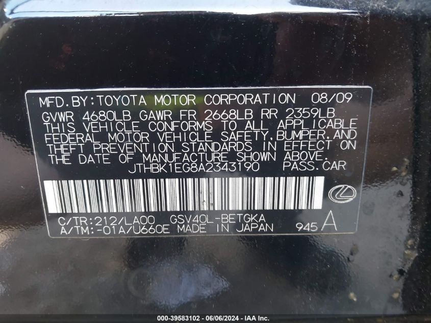 2010 Lexus Es 350 VIN: JTHBK1EG8A2343190 Lot: 39583102