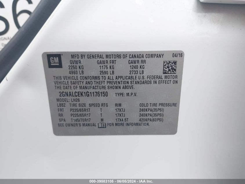 2016 Chevrolet Equinox Lt VIN: 2GNALCEK1G1176150 Lot: 39583105