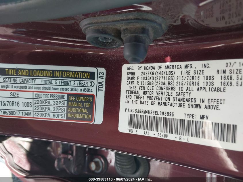 2014 Honda Cr-V Lx VIN: 5J6RM4H39EL098995 Lot: 39583110