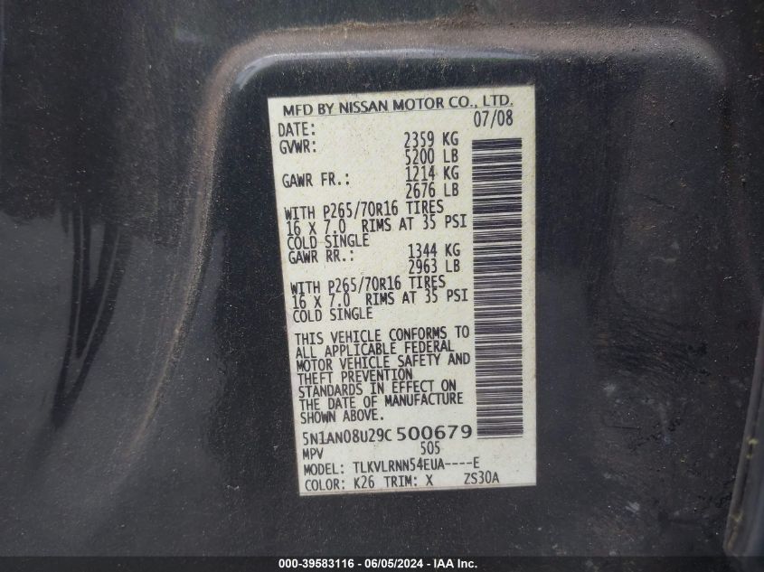 2009 Nissan Xterra S VIN: 5N1AN08U29C500679 Lot: 39583116