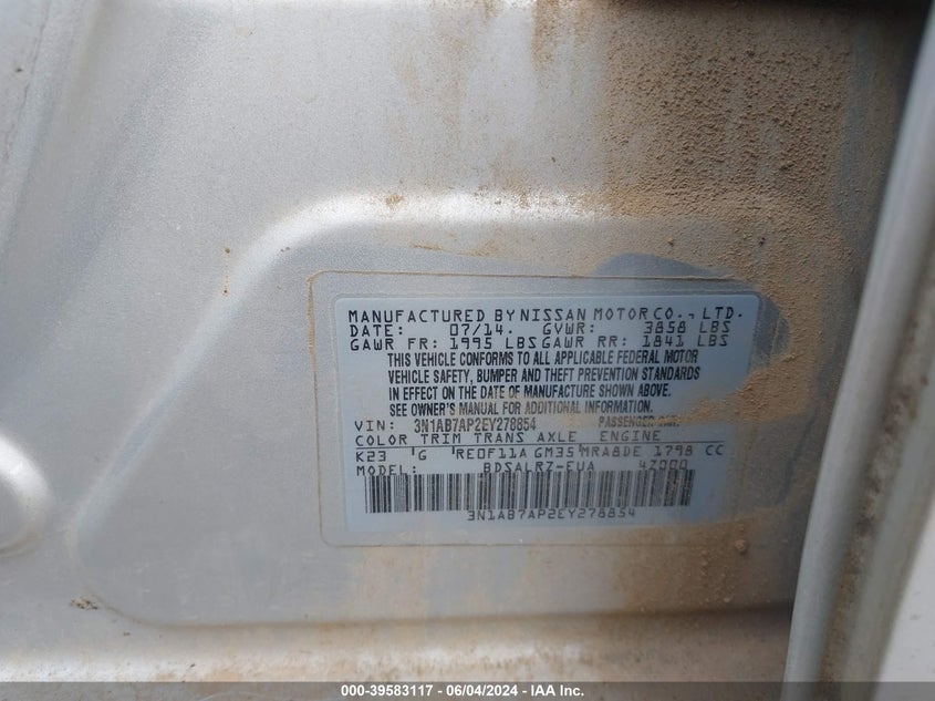 2014 Nissan Sentra Sr VIN: 3N1AB7AP2EY278854 Lot: 39583117