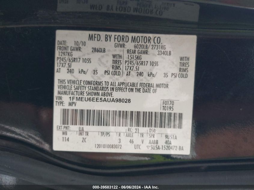 2010 Ford Explorer Eddie Bauer VIN: 1FMEU6EE5AUA98028 Lot: 39583122