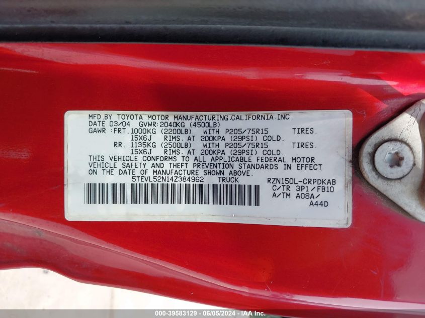 2004 Toyota Tacoma VIN: 5TEVL52N14Z384962 Lot: 39583129