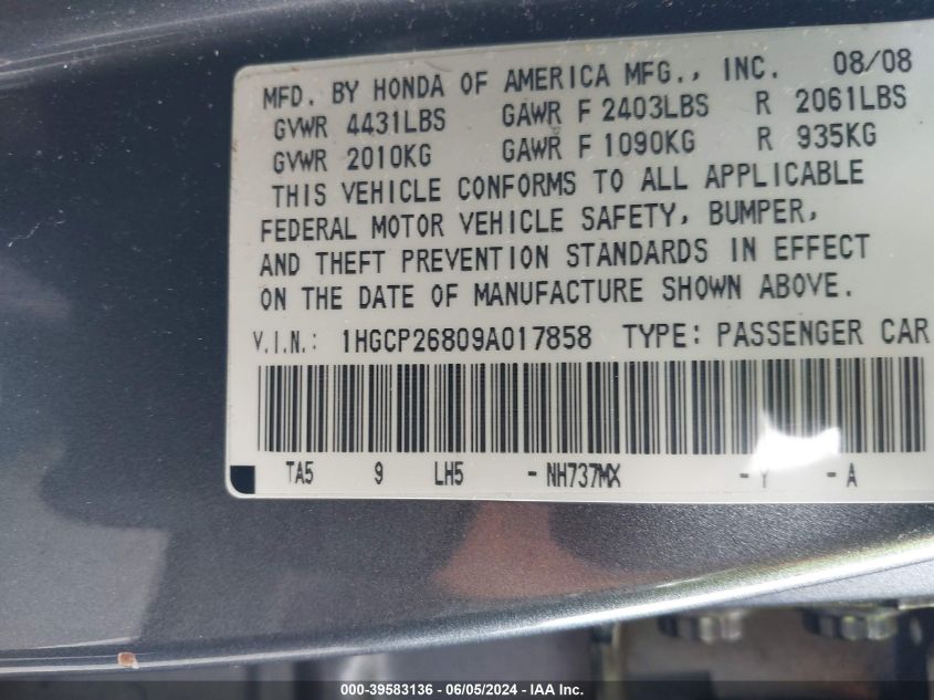 2009 Honda Accord 2.4 Ex-L VIN: 1HGCP26809A017858 Lot: 39583136